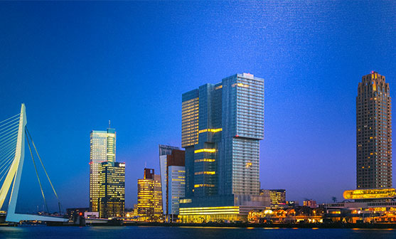 Rotterdamse skyline met de Erasmusbrug bij schemering, schilderij in ons kantoor